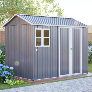 8x6 Ft Heavy-Duty Steel Storage Shed with Window, Lockable Doors & Sloped Roof, Outdoor Garden Tool Shed for Backyard, Patio & Lawn – Dark Gray