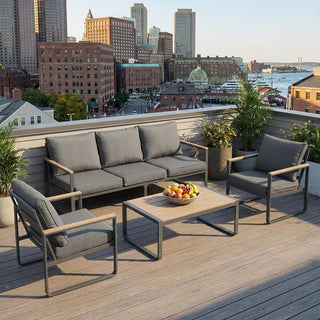 Outdoor 4 Pieces Furniture Sets Modern Iron Patio Conversation Sets Sofa w Grey Cushion Faux Wood Grain Frame