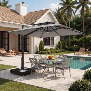 10×10 FT Double Top Aluminum Cantilever Patio Umbrella with LED Lights & Hook – Offset Outdoor Umbrella in Navy Blue/Tan/Gray