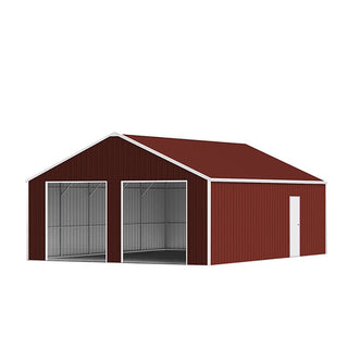 22ft x 23ft Double Garage Steel Barn Shed – Heavy-Duty Red-Brown Metal Storage Garage