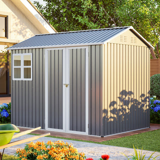 8x6 Ft Heavy-Duty Steel Storage Shed with Window, Lockable Doors & Sloped Roof, Outdoor Garden Tool Shed for Backyard, Patio & Lawn – Dark Gray