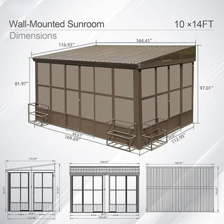 Wall-Mounted Sunroom Lean-To Solarium with Galvanized Steel Roof, Lockable Sliding Door & Detachable PVC Screen for Patio Deck