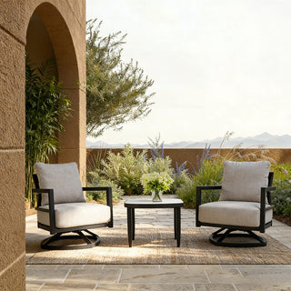 3-Piece Outdoor Swivel Conversation Set with Sunbrella® Cushions & Marble-Style Sintered Stone Side Table