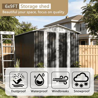 6 x 9 FT Metal Garden Storage Shed with Apex Roof, Hinged Door, Grey Outdoor Tool House for Weatherproof Patio