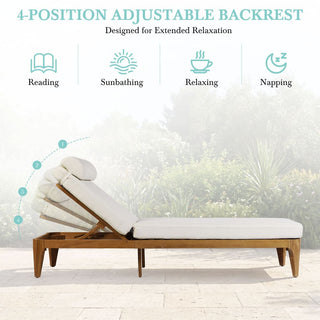 Outdoor Wood Chaise Lounge Chair, Adjustable Patio Recliner with Multi-Position Backrest, Sun Lounger for Poolside, Deck & Garden