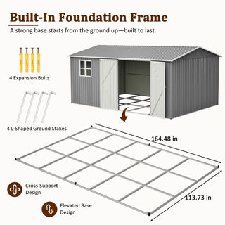 14x10 FT Large Outdoor Metal Storage Shed, 780 Cu. Ft. Garden Tool Shed with Double Doors, Built-In Foundation Frame & Air Vents, Galvanized Steel Sloped Roof for Backyard, Patio & Garden