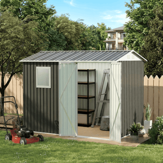 9 x 6 FT Outdoor Metal Garden Storage Shed with Window, Hinge Doors, Heavy-Duty Weatherproof Tool Shed for Patio, Backyard & Lawn Organization
