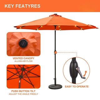 9ft Solar LED Patio Umbrella – Outdoor Market Umbrella with 32 LED Lights, Tilt & Crank