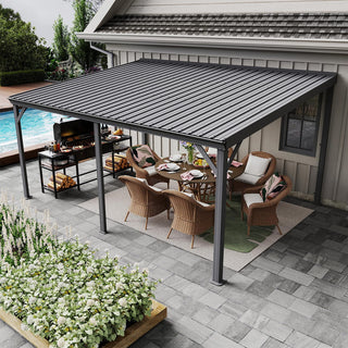 Wall-Mounted Hardtop Lean-to Gazebo with Gutters – Galvanized Steel Roof Outdoor Pergola Canopy