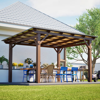 Spacious Outdoor Kitchen Gazebo: 13.1ft x 7.7ft Wooden Structure with Metal Roof, Grill Station & Bar