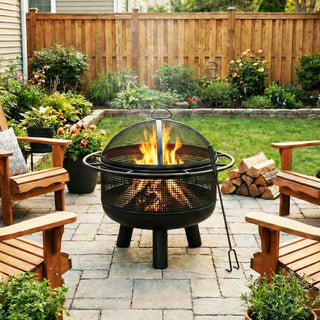 24 Inch Wood Burning Fire Pit with Log Grate and  Mesh Screen for Outside