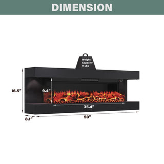 50"/60"/72" Wall-Mounted Electric Fireplace with Suspended LED Lighting, Modern Indoor Fireplace for Living Room