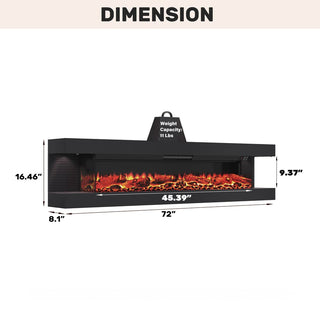 50"/60"/72" Wall-Mounted Electric Fireplace with Suspended LED Lighting, Modern Indoor Fireplace for Living Room