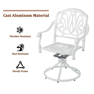 2-Piece White Cast Aluminum Outdoor Patio Swivel Dining Chairs for Garden, Deck & Backyard