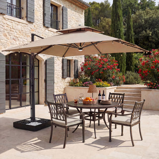 10×10 FT Double Top Aluminum Cantilever Patio Umbrella with LED Lights & Hook – Offset Outdoor Umbrella in Navy Blue/Tan/Gray