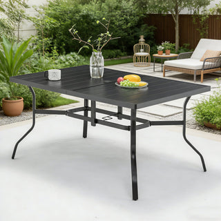Outdoor Dining Table for 6, Powder-Coated Steel Slat Patio Table with 2.16" Umbrella Hole, Anti-Slip Pads & All-Weather E-Coated Frame for Garden & Poolside