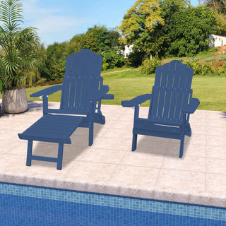 Navy Blue & Black Folding Plastic Adirondack Chair with Pull-Out Ottoman & Cup Holder for Outdoor Patio