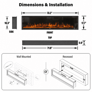 50/60/72-Inch Wall-Mounted & Recessed Electric Fireplace with Overheat Protection, Black