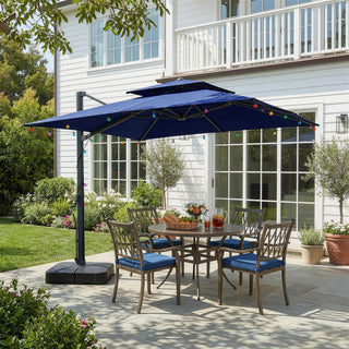 10 FT Square Aluminum Cantilever Patio Umbrella with Hook – Offset Outdoor Umbrella in Navy Blue/Tan/Gray for Patio & Garden
