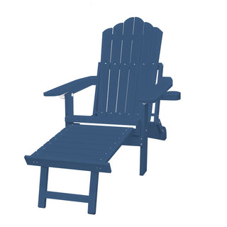 Navy Blue & Black Folding Plastic Adirondack Chair with Pull-Out Ottoman & Cup Holder for Outdoor Patio