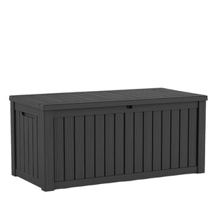 120-Gallon Resin Outdoor Deck Box with Lockable Lid, Patio Storage Bench for Cushions & Pillows – Black/Light Brown