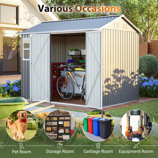 8x6 Ft Heavy-Duty Steel Storage Shed with Window, Lockable Doors & Sloped Roof, Outdoor Garden Tool Shed for Backyard, Patio & Lawn – Dark Gray