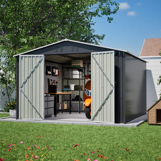 10 x 10 FT Heavy-Duty Outdoor Metal Storage Shed, Large Garden Tool Shed with Updated Reinforced Frame & Lockable Double Doors for Backyard