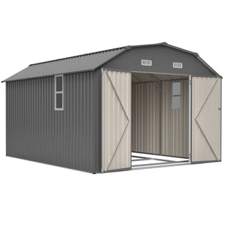 10x12 Ft Heavy-Duty Gray Steel Outdoor Storage Shed with Floor Frame Kit, Rust-Resistant Metal Tool Shed for Garden, Backyard & Patio