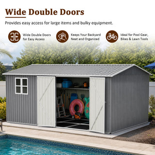 14x10 FT Large Outdoor Metal Storage Shed, 780 Cu. Ft. Garden Tool Shed with Double Doors, Built-In Foundation Frame & Air Vents, Galvanized Steel Sloped Roof for Backyard, Patio & Garden