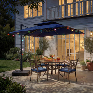 10 FT Square Aluminum Cantilever Patio Umbrella with Hook – Offset Outdoor Umbrella in Navy Blue/Tan/Gray for Patio & Garden