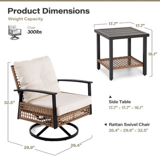 3-Piece Wicker Rocking Bistro Set with Cushioned Swivel Rocking Chairs & Coffee Table for Porch, Patio & Backyard