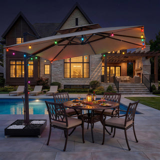 10 FT Square Aluminum Cantilever Patio Umbrella with Hook – Offset Outdoor Umbrella in Navy Blue/Tan/Gray for Patio & Garden