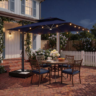 10×10 FT Double Top Aluminum Cantilever Patio Umbrella with LED Lights & Hook – Offset Outdoor Umbrella in Navy Blue/Tan/Gray