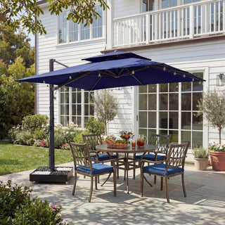 10 FT Square Aluminum Cantilever Patio Umbrella with Hook – Offset Outdoor Umbrella in Navy Blue/Tan/Gray for Patio & Garden