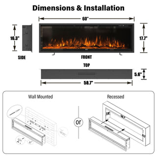 50/60/72-Inch Wall-Mounted & Recessed Electric Fireplace with Overheat Protection, Black