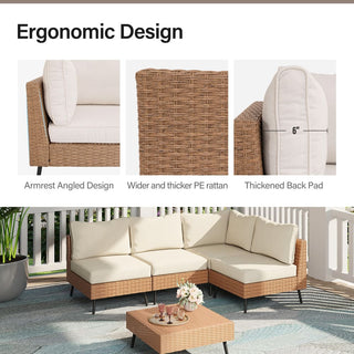 5 Pieces All-Weather PE Wicker Outdoor Sectional Sofa Set, Rattan Patio Conversation Set with Thick Cushions and Coffee Table
