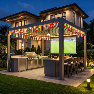 Solar-Powered Aluminum Electric  Louvered Pergola With Ceiling Fan & LED Light