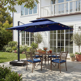 10 FT Square Aluminum Cantilever Patio Umbrella with Hook – Offset Outdoor Umbrella in Navy Blue/Tan/Gray for Patio & Garden