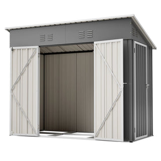 4x8 Sloped Roof Metal Storage Shed with Reinforced Frame, Weatherproof Design, 4 Air Vents, Heavy-Duty Garden Tool Shed with Left/Right Door Option