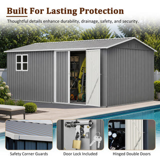 14x10 FT Large Outdoor Metal Storage Shed, 780 Cu. Ft. Garden Tool Shed with Double Doors, Built-In Foundation Frame & Air Vents, Galvanized Steel Sloped Roof for Backyard, Patio & Garden