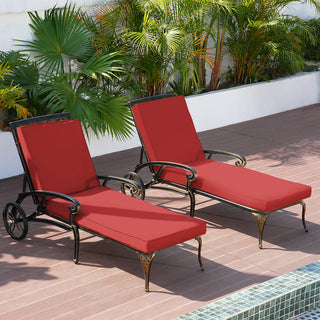 Cast Aluminum Outdoor Chaise Lounge with Removable Beige/Red Cushion