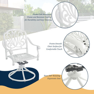 2-Piece White Cast Aluminum Outdoor Patio Swivel Dining Chairs for Garden, Deck & Backyard