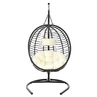 Single Folding Wicker Hanging Egg Chair with Stand, Indoor Outdoor Swing Hammock Chair, Adjustable Anti-Slip Feet for Balcony Bedroom Patio