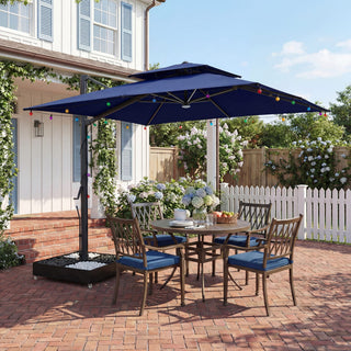 10×10 FT Double Top Aluminum Cantilever Patio Umbrella with LED Lights & Hook – Offset Outdoor Umbrella in Navy Blue/Tan/Gray
