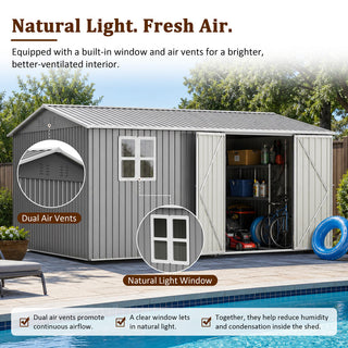 14x10 FT Large Outdoor Metal Storage Shed, 780 Cu. Ft. Garden Tool Shed with Double Doors, Built-In Foundation Frame & Air Vents, Galvanized Steel Sloped Roof for Backyard, Patio & Garden