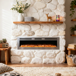 Premium 50/60 Inch Electric Wall-Mounted Fireplace Insert with Stainless Steel Surface & 12 Dynamic Flame Modes