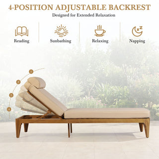 Outdoor Wood Chaise Lounge Chair, Adjustable Patio Recliner with Multi-Position Backrest, Sun Lounger for Poolside, Deck & Garden