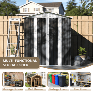 6 x 9 FT Metal Garden Storage Shed with Apex Roof, Hinged Door, Grey Outdoor Tool House for Weatherproof Patio
