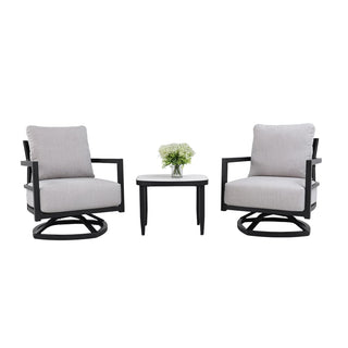 3-Piece Outdoor Swivel Conversation Set with Sunbrella® Cushions & Marble-Style Sintered Stone Side Table