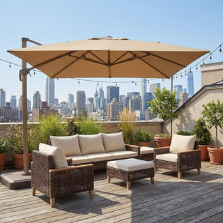 High footed hollowed out rattan terrace furniture set, 5 pieces, 7 seats, sofa set with cushion, 4-inch thick cushion